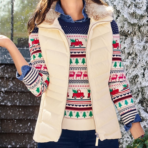 Talbots Ivory Down Puffer Vest, Detachable Faux Fur Collar, Size XS - Picture 3 of 7